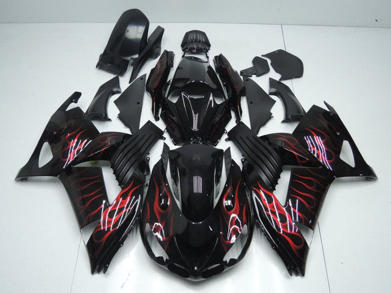 Purchase 2006-2011 Glossy Black Red Flame Kawasaki ZX14R ZZR1400 Motorcycle Fairings UK