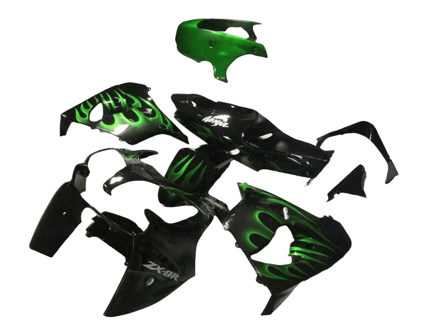 2000-2001 Kawasaki Ninja ZX9R Glossy Black Green Flame Fairing Kit
