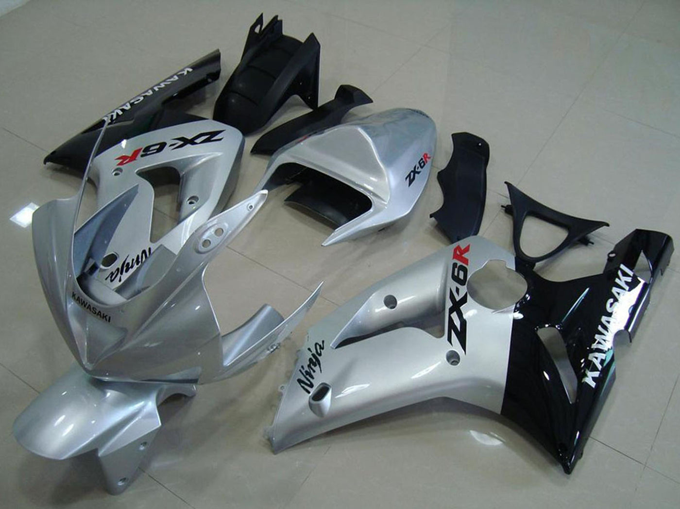 2003-2004 Kawasaki Ninja ZX6R Silver Black Fairing Kit