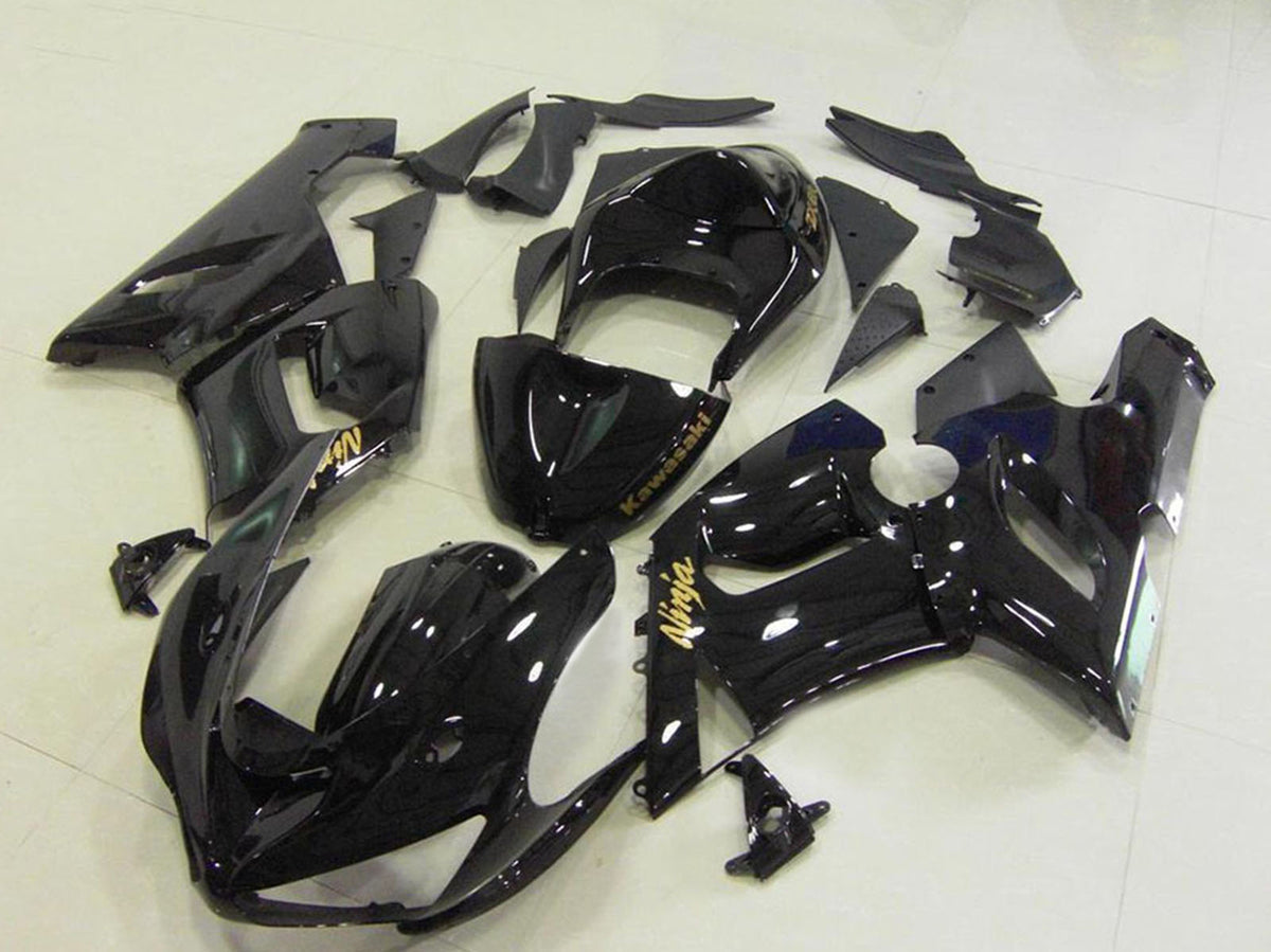 2005-2006 Kawasaki Ninja ZX6R Glossy Black Gold Decals Fairing Kit