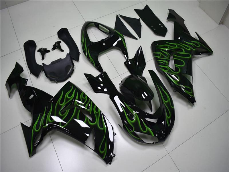 Purchase 2006-2007 Glossy Black Green Flame Kawasaki ZX10R Motorcycle Fairings UK