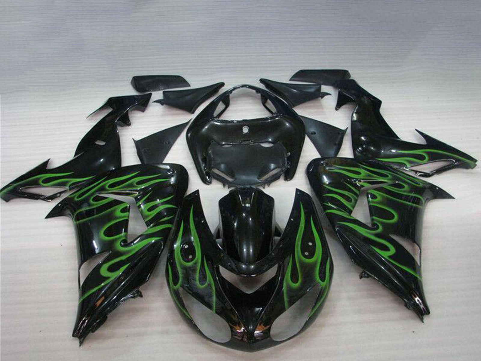 2006-2007 Kawasaki ZX10R Black Green Flame Fairing Kit