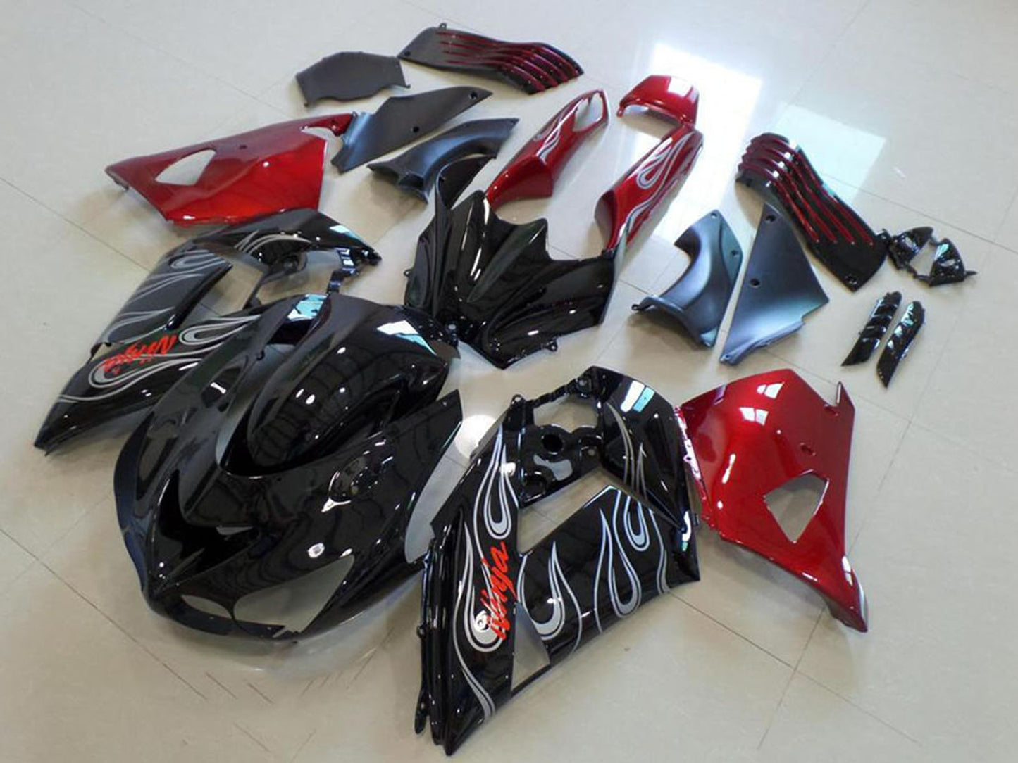 2006-2011 Kawasaki Ninja ZX14R Black Nd Red Silver Flame Fairing Kit