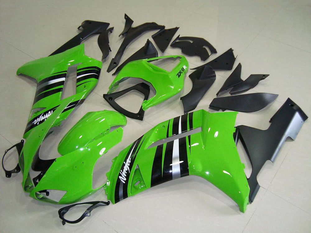 2007-2008 Kawasaki Ninja ZX6R Green And Silver Stripe Fairing Kit