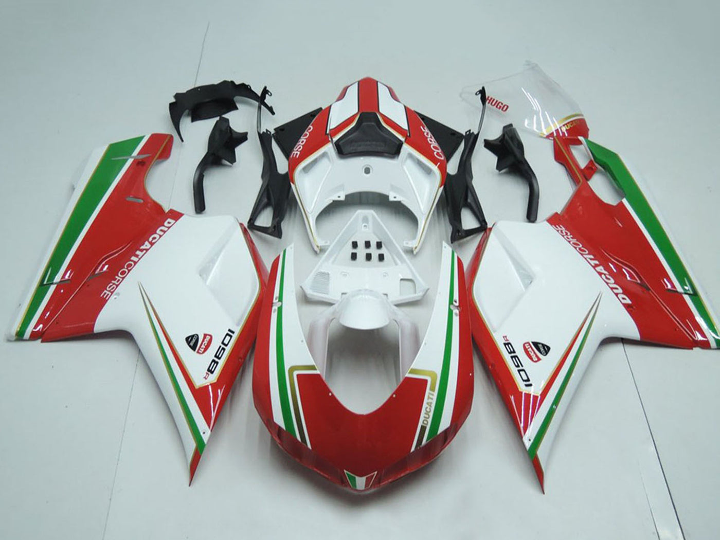 2007-2012 Ducati Ducati 848 1098 1198 White And Red With Green Stripe Fairing Kit