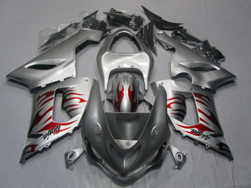 Purchase 2005-2006 Silver Red Flame Ninja Kawasaki ZX6R Motorcycle Fairings UK