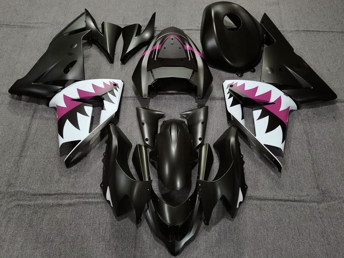 2004-2005 Matte Black And Pink Shark Kawasaki ZX10R Fairing Kit