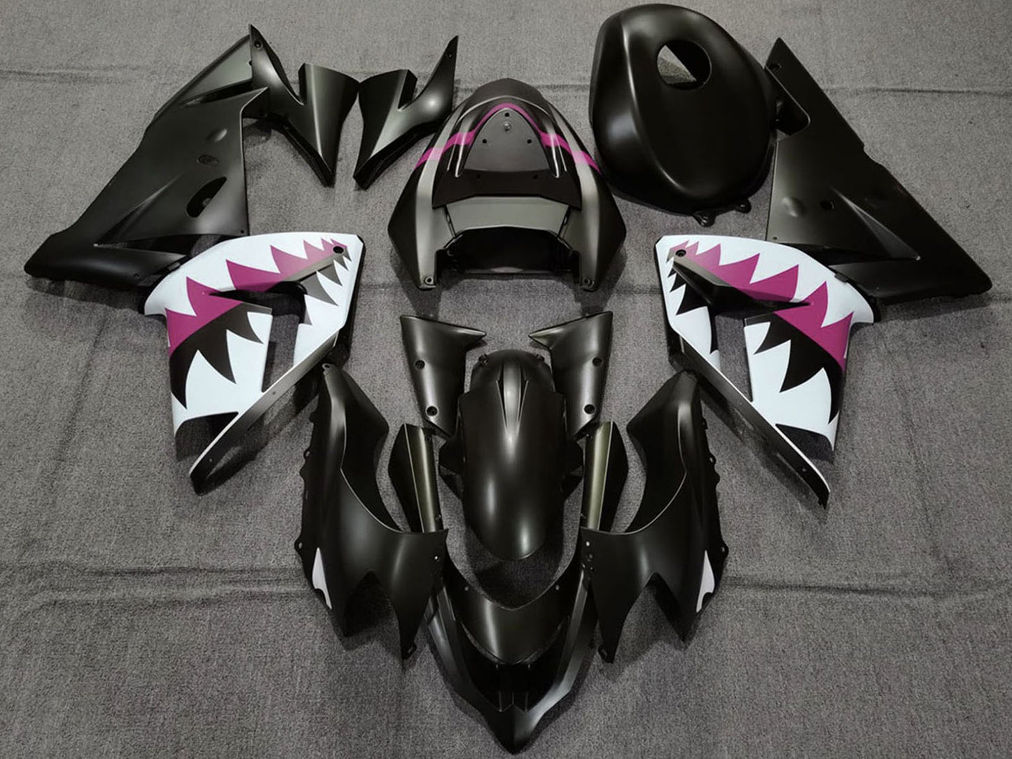2004-2005 Matte Black And Pink Shark Kawasaki ZX10R Fairing Kit