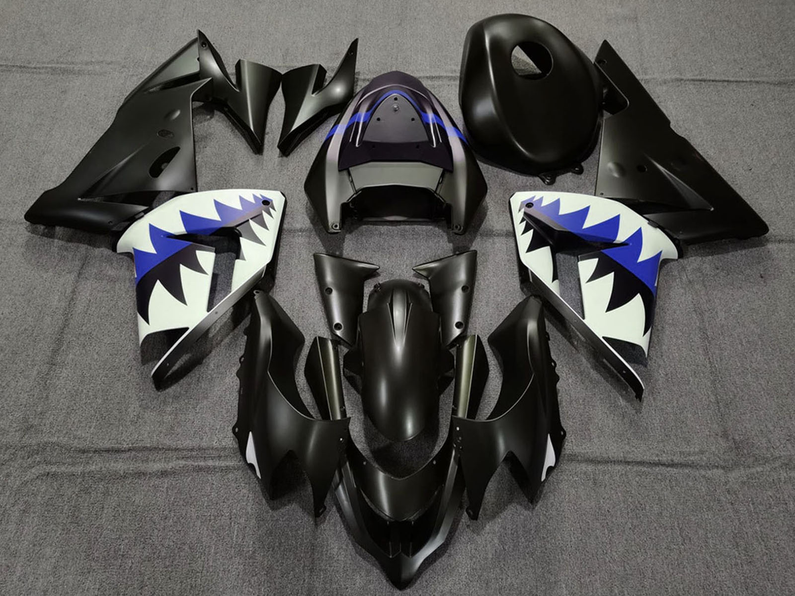 2004-2005 Matte Black And Dark Blue Shark Kawasaki ZX10R Fairing Kit