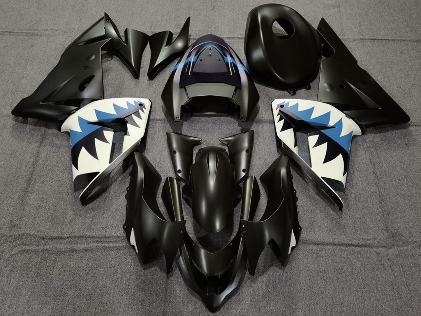 2004-2005 Matte Black And Light Blue Shark Kawasaki ZX10R Fairing Kit