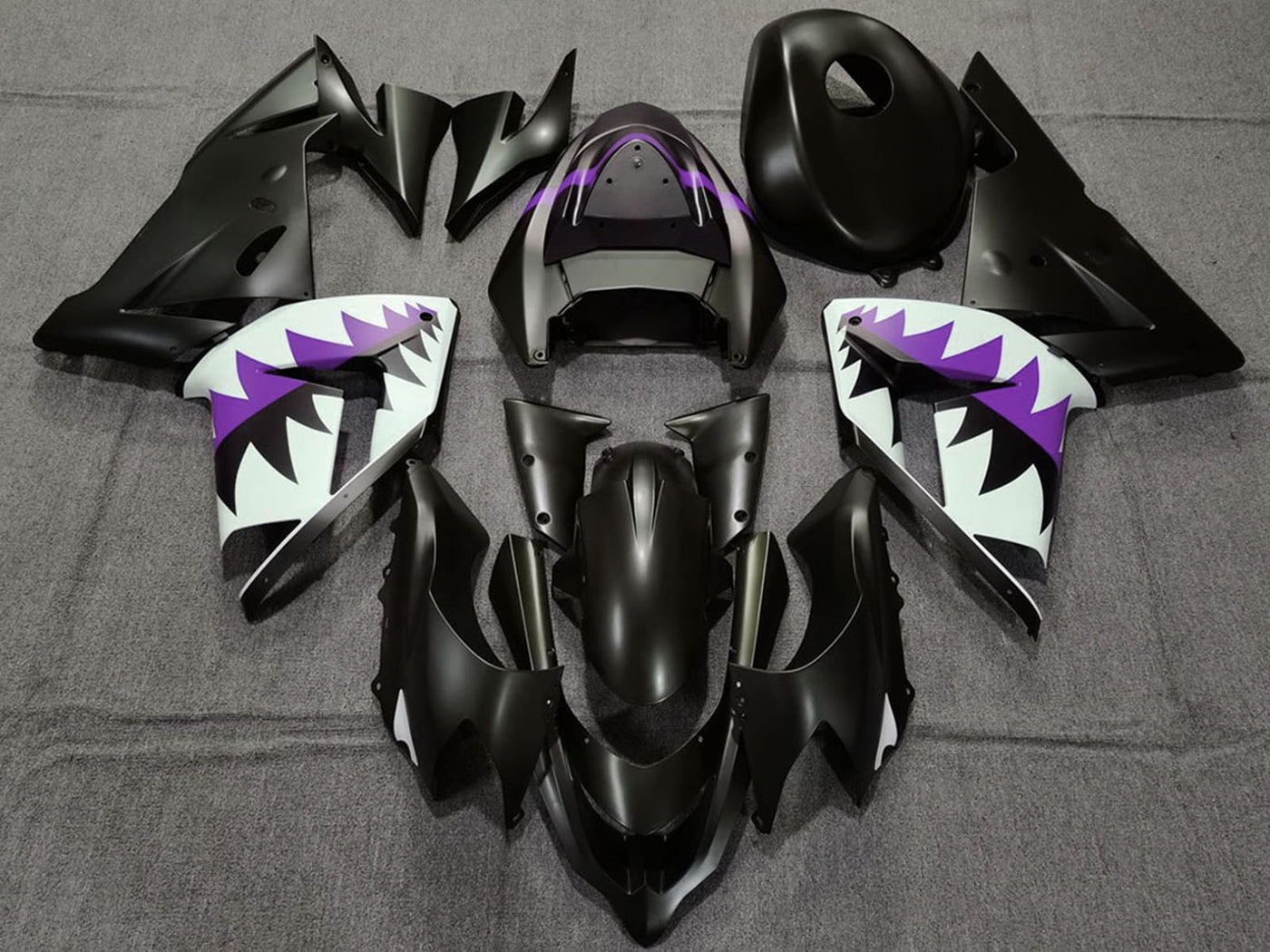 2004-2005 Matte Black And Purple Shark Kawasaki ZX10R Fairing Kit