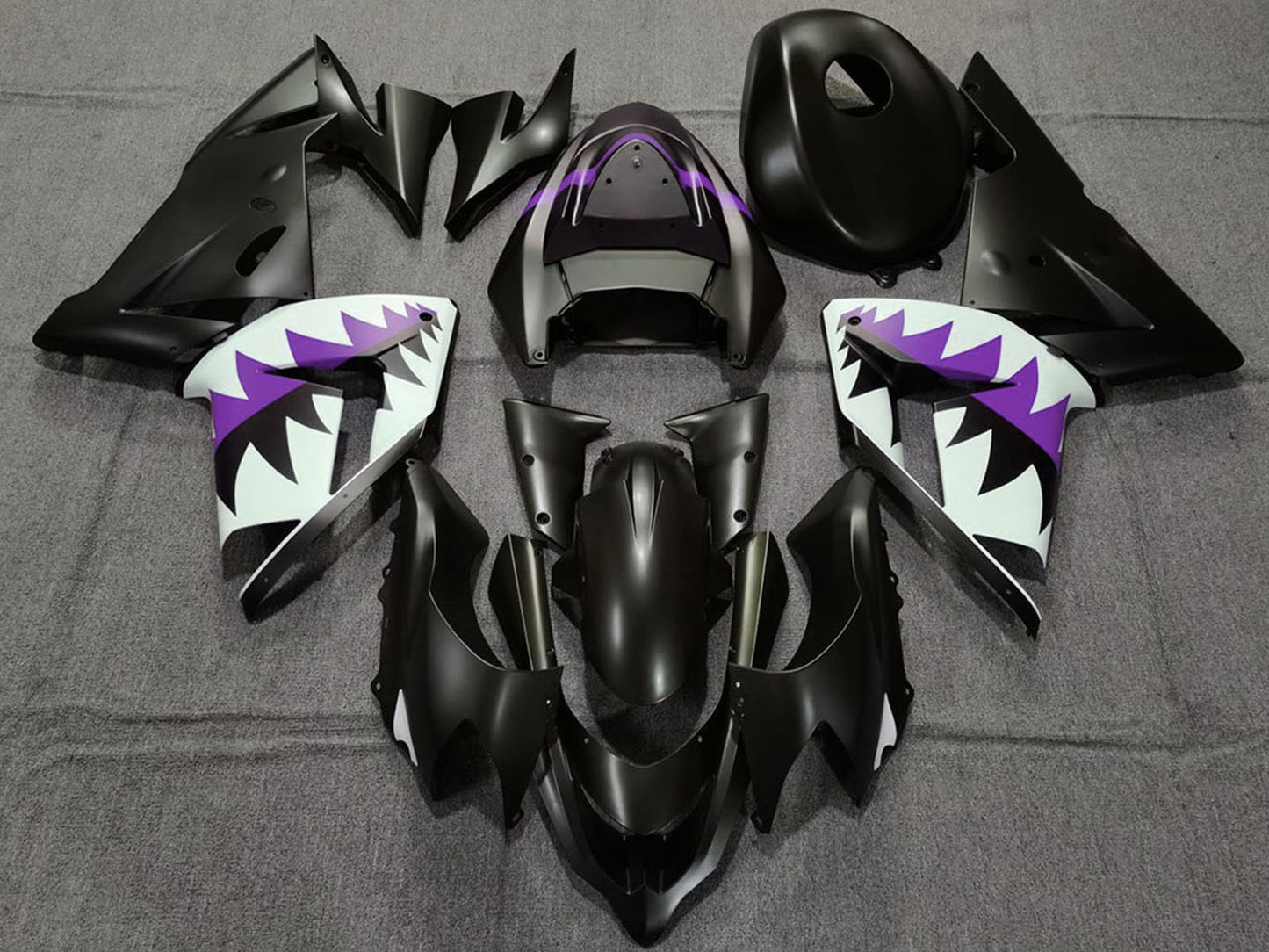 2004-2005 Matte Black And Purple Shark Kawasaki ZX10R Fairing Kit