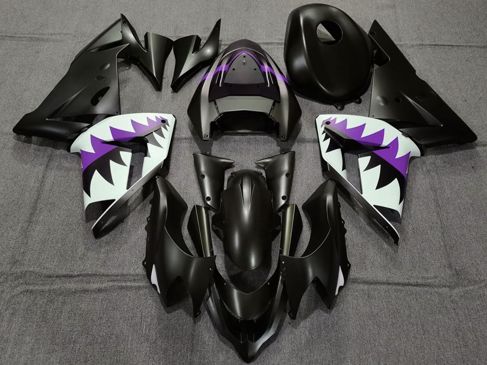 2004-2005 Matte Black And Purple Shark Kawasaki ZX10R Fairing Kit