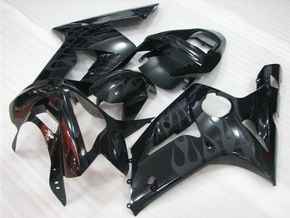 2003-2004 Kawasaki ZX-6R Glossy Black Gray Flame Fairing Kit