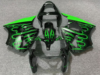 2000-2002 Kawasaki ZX-6R Glossy Black Green Flame Fairing Kit