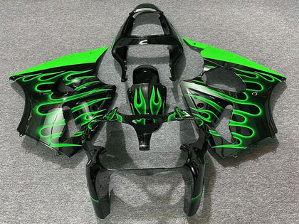 2000-2002 Kawasaki ZX-6R Glossy Black Green Flame Fairing Kit