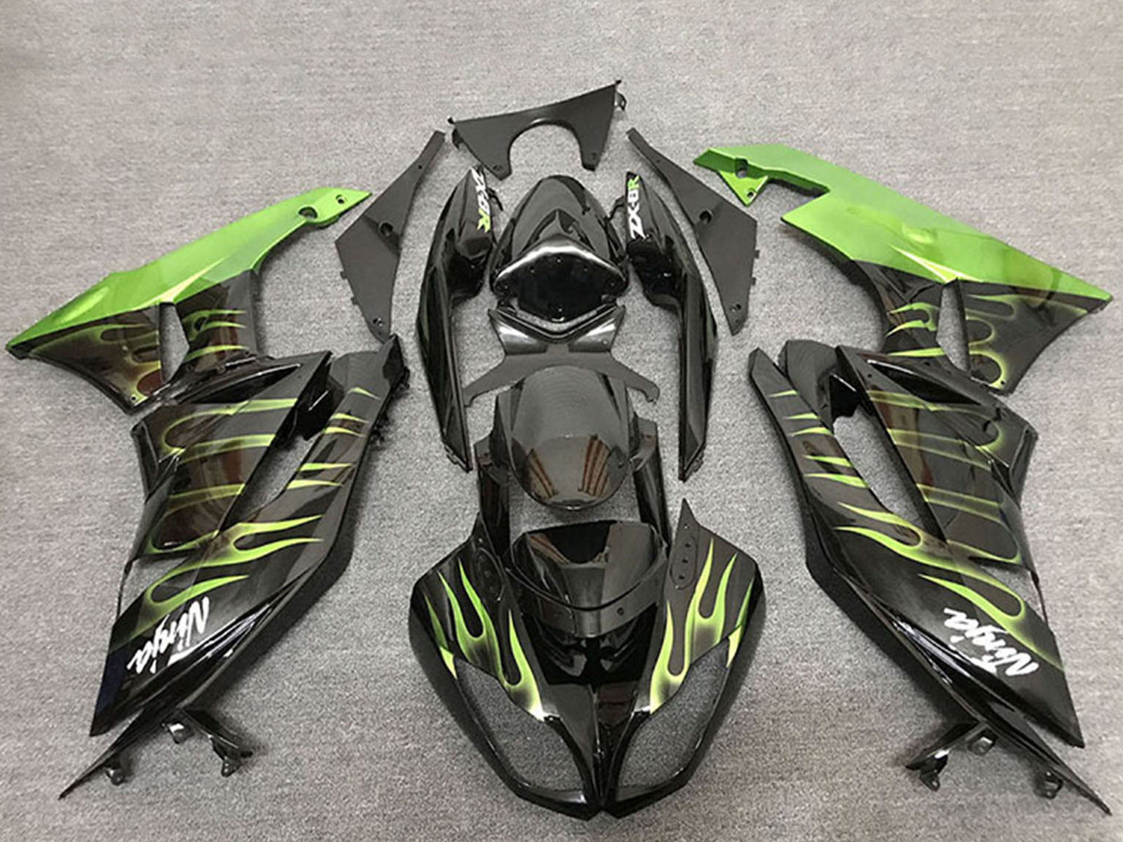 2009-2012 Glossy Black Green Flame Kawasaki ZX6R Fairing Kit
