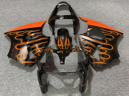 2000-2002 Kawasaki ZX-6R Glossy Black Orange Flame Fairing Kit