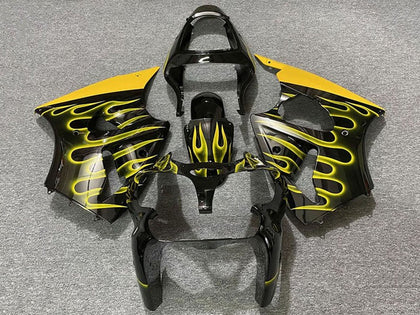2000-2002 Kawasaki ZX-6R Glossy Black Yellow Flame Fairing Kit