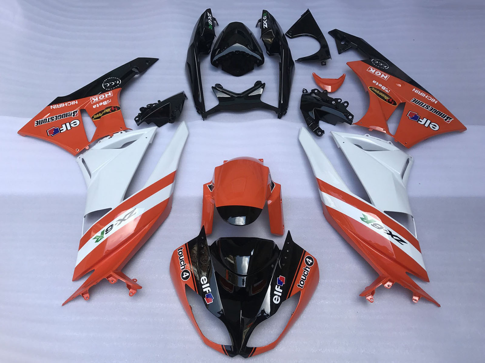 2009-2012 Orange White Glossy Black Elf TOUCH4 Bridgestone Kawasaki ZX6R Fairing Kit