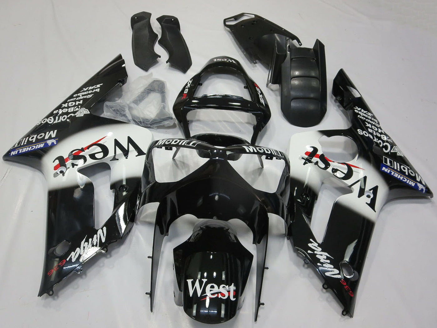 2003-2004 Glossy Black White West Kawasaki ZX6R Fairing Kit