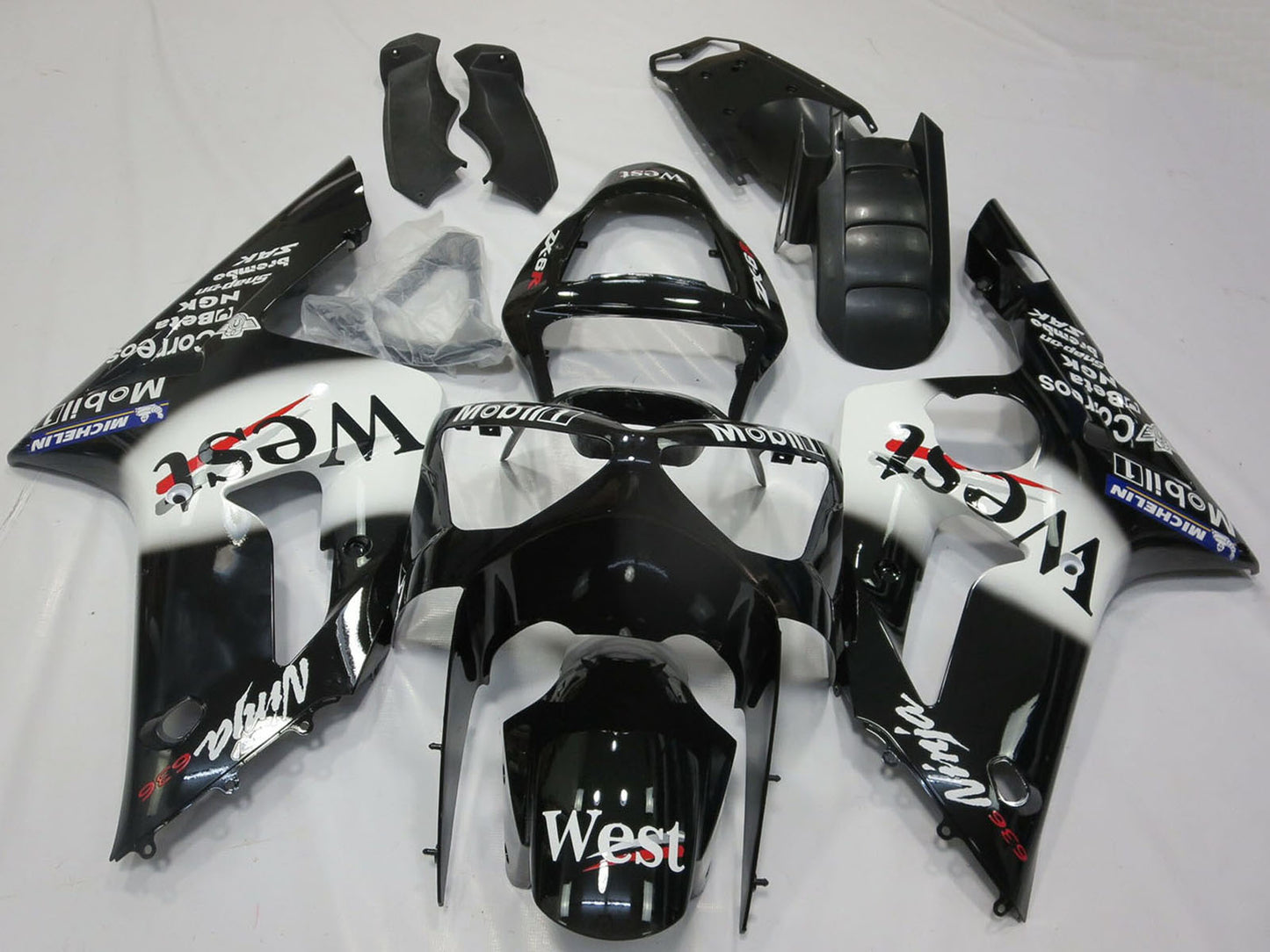 2003-2004 Glossy Black White West Kawasaki ZX6R Fairing Kit