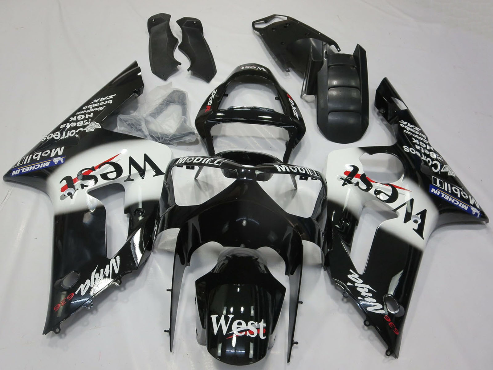 2003-2004 Glossy Black White West Kawasaki ZX6R Fairing Kit