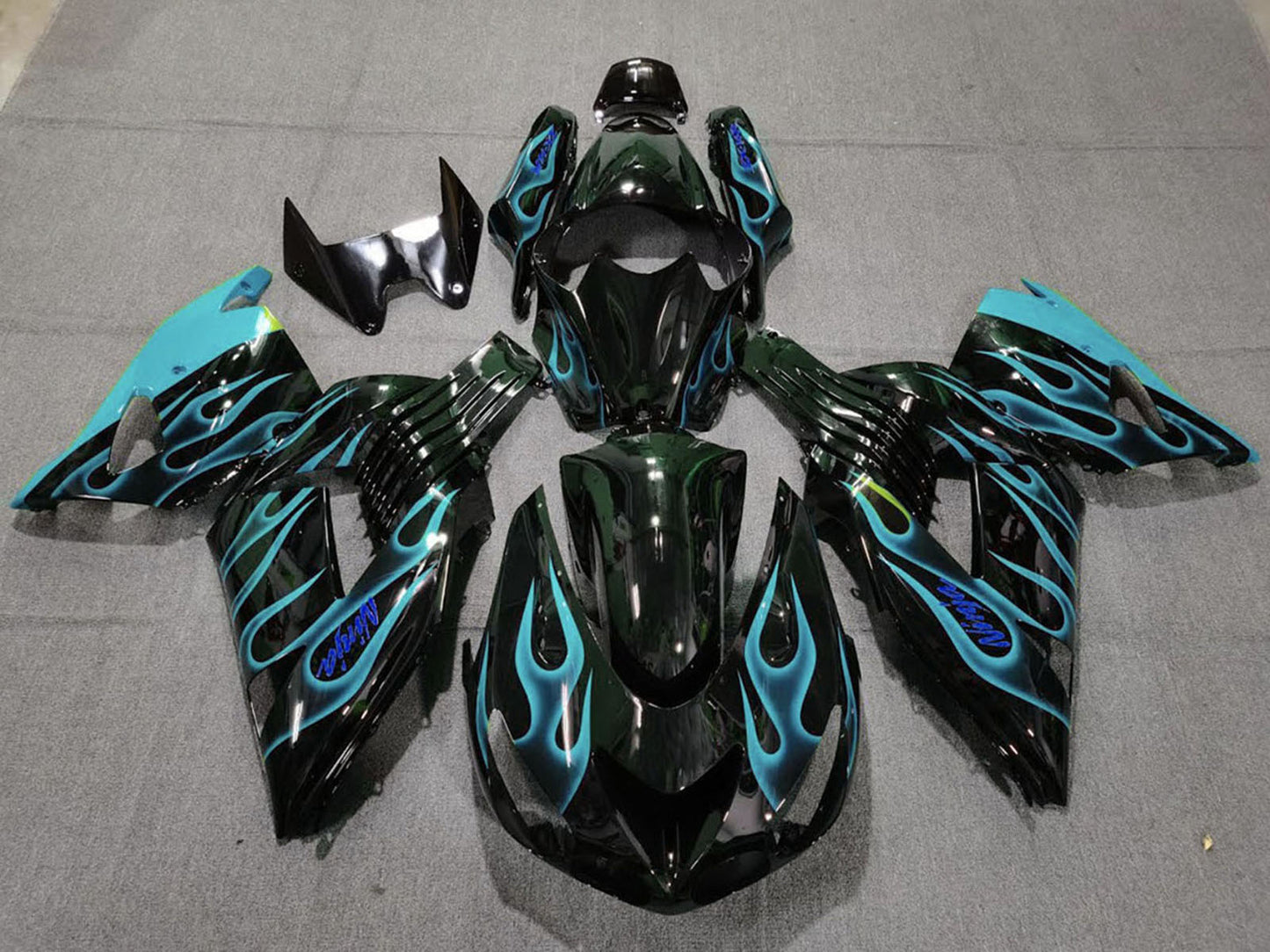 2006-2011 Glossy Black Light Blue Flame Kawasaki ZX14R Fairing Kit