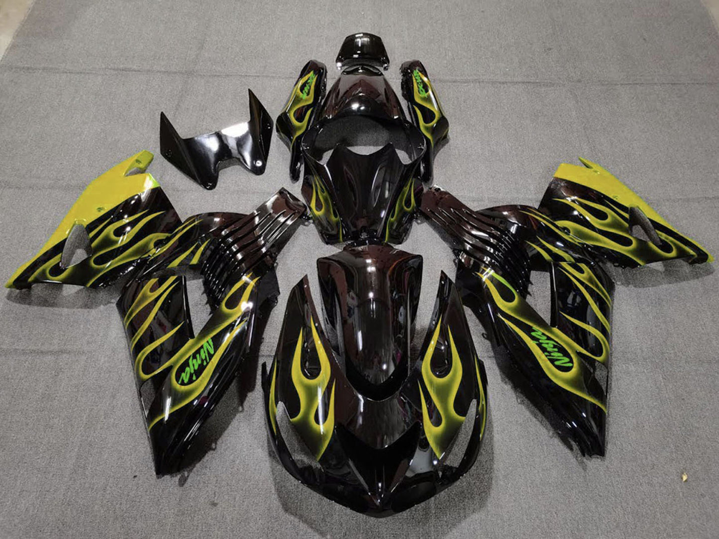 2006-2011 Glossy Black Yellow Flame Kawasaki ZX14R Fairing Kit