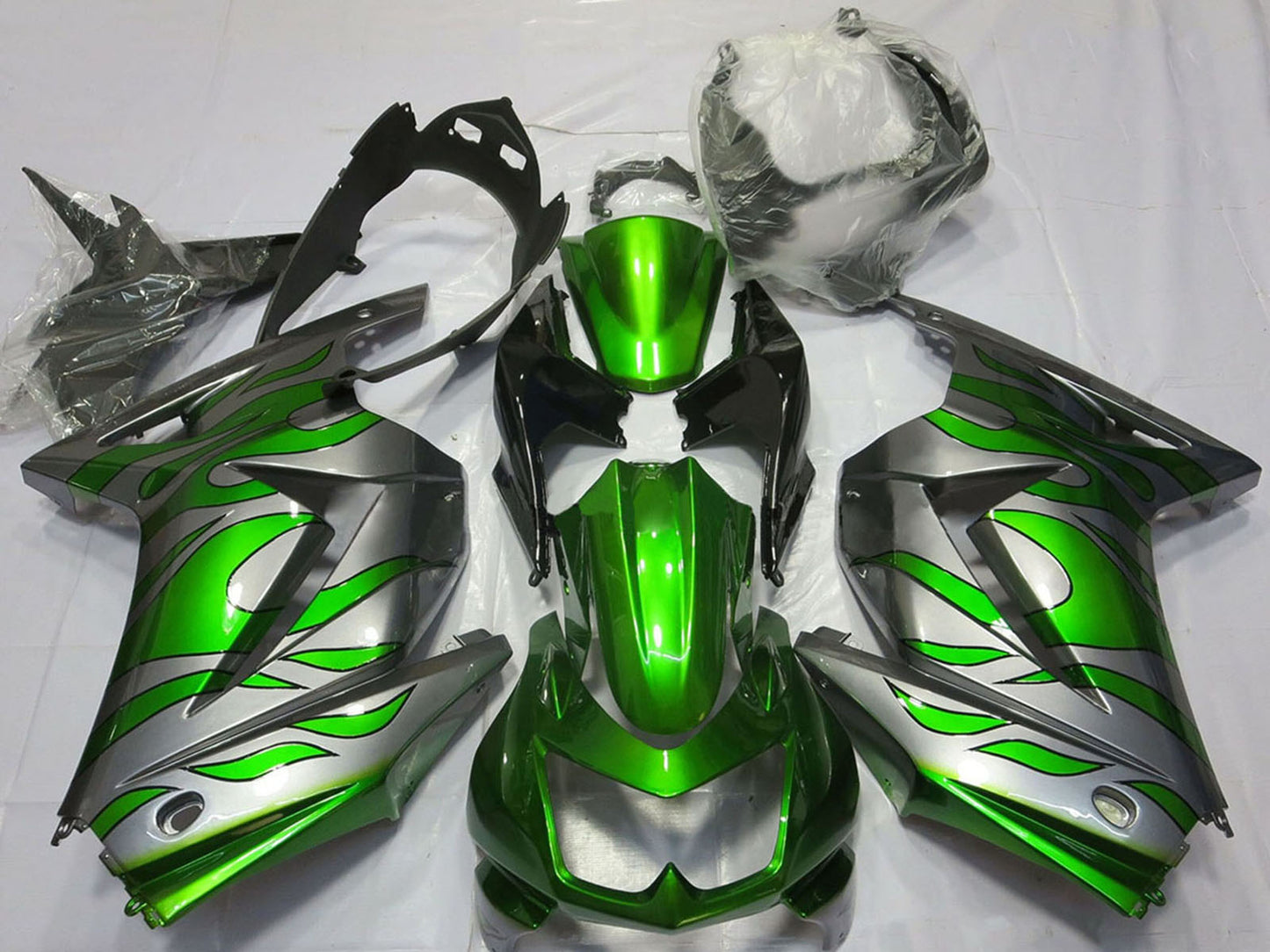 2008-2012 Silver Green Flame Kawasaki Ninja 250 Fairing Kit