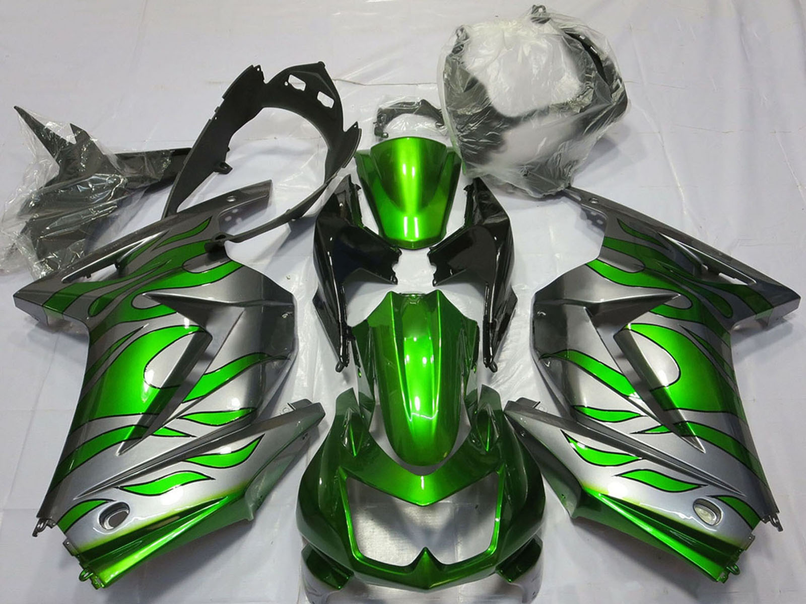 2008-2012 Silver Green Flame Kawasaki Ninja 250 Fairing Kit