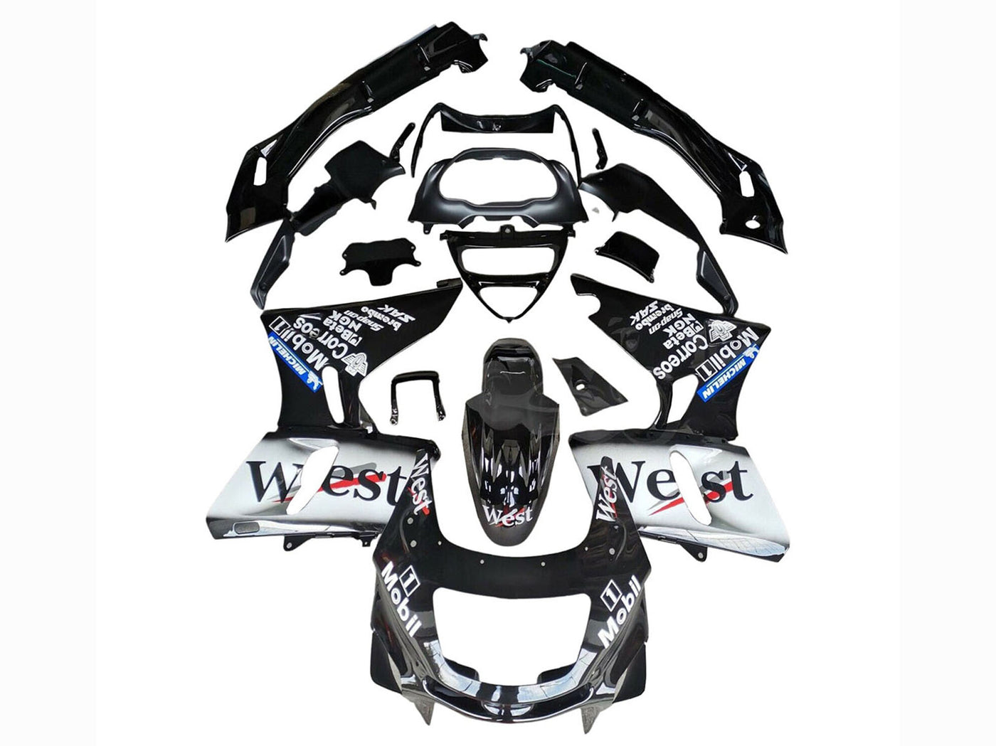 1993-2007 Black White West Kawasaki ZZR400 Fairing Kit