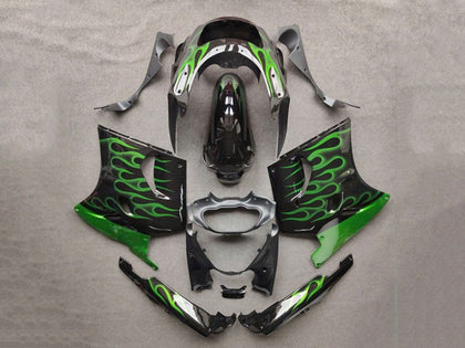 1993-2003 Kawasaki ZZR1100 Black with Green Flame Fairing Kit