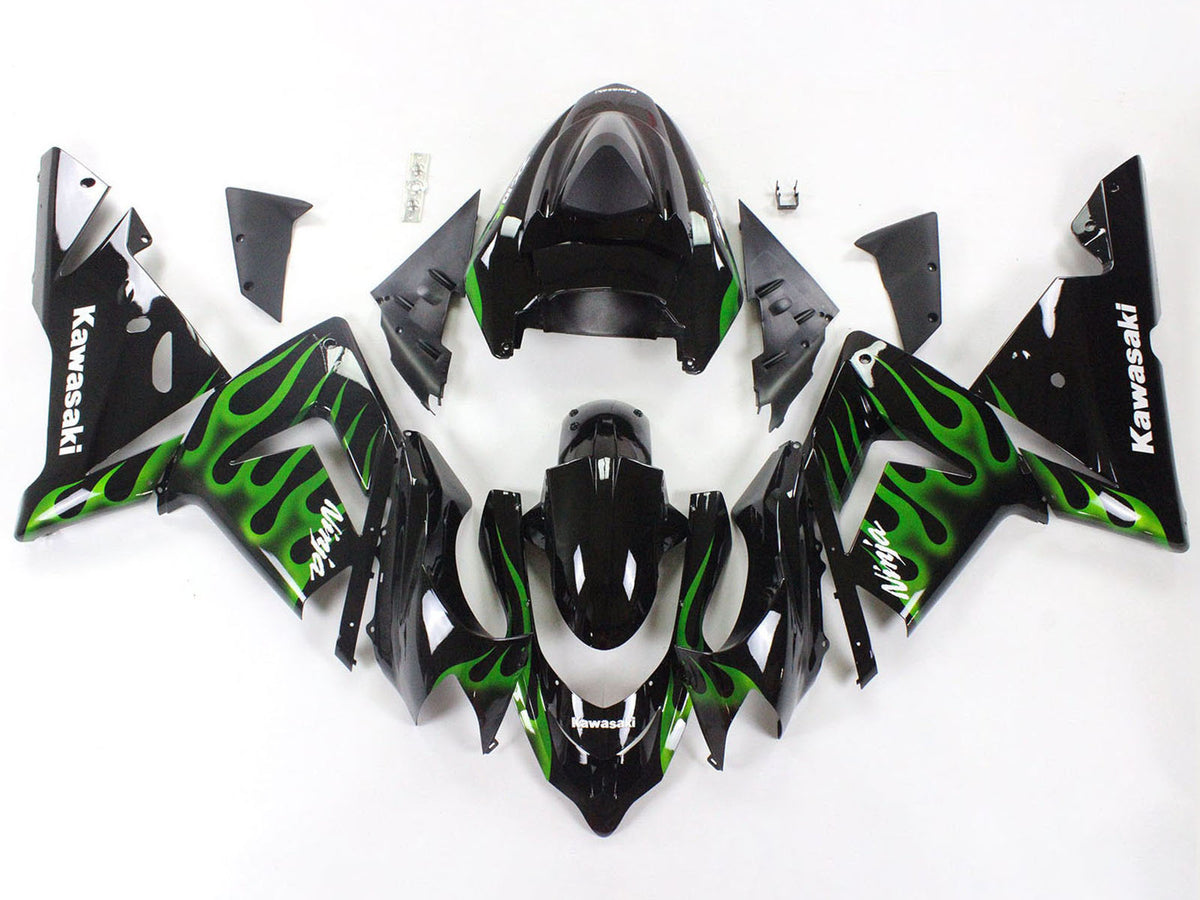 2004-2005 Black With Green Flame Ninja Kawasaki ZX10R Fairing Kit