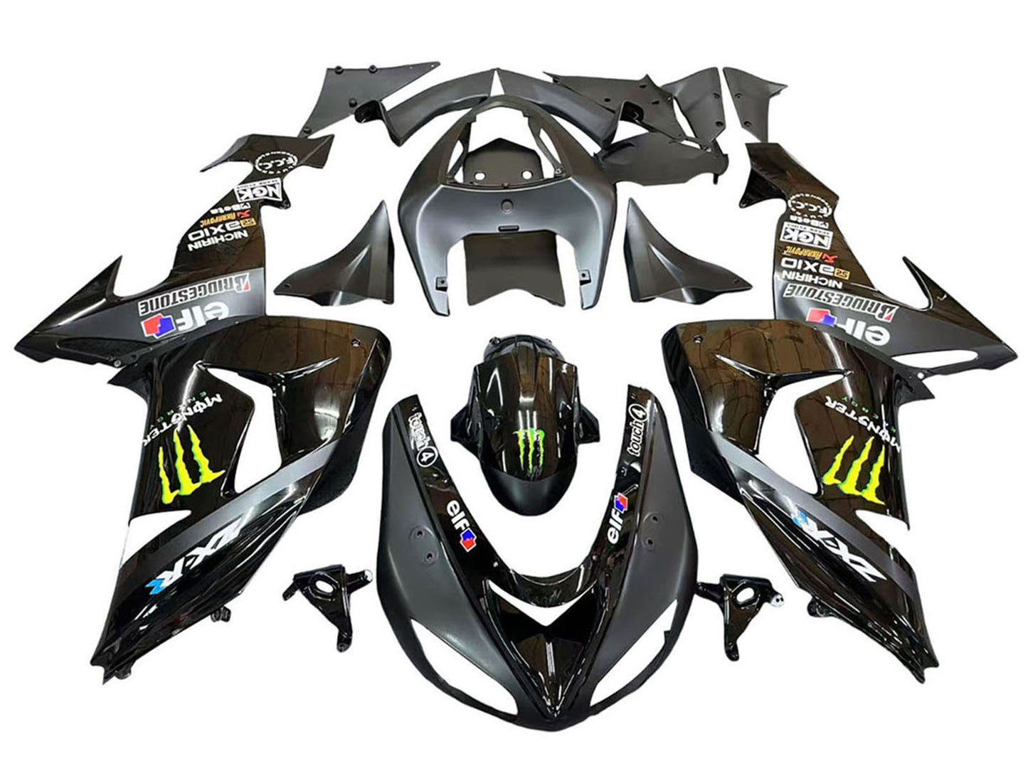 2006-2007 Glossy Black Grey Monster Elf Kawasaki ZX10R Fairing Kit