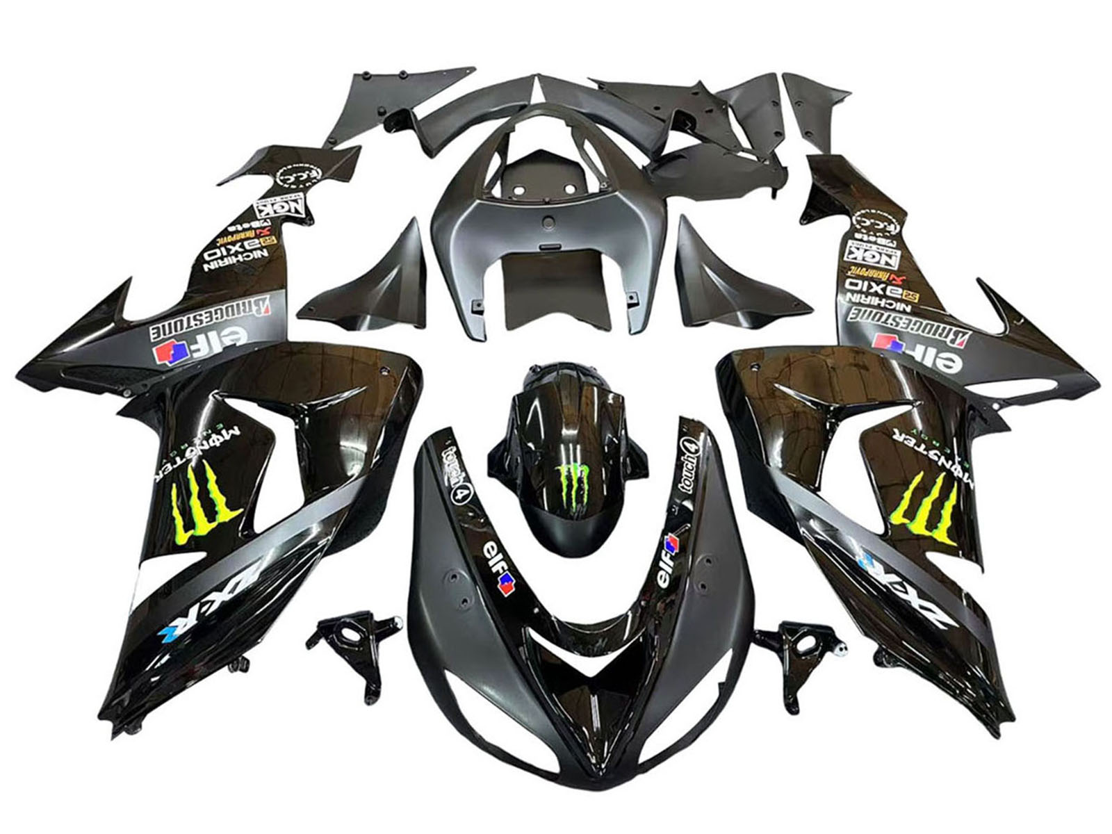 2006-2007 Glossy Black Grey Monster Elf Kawasaki ZX10R Fairing Kit