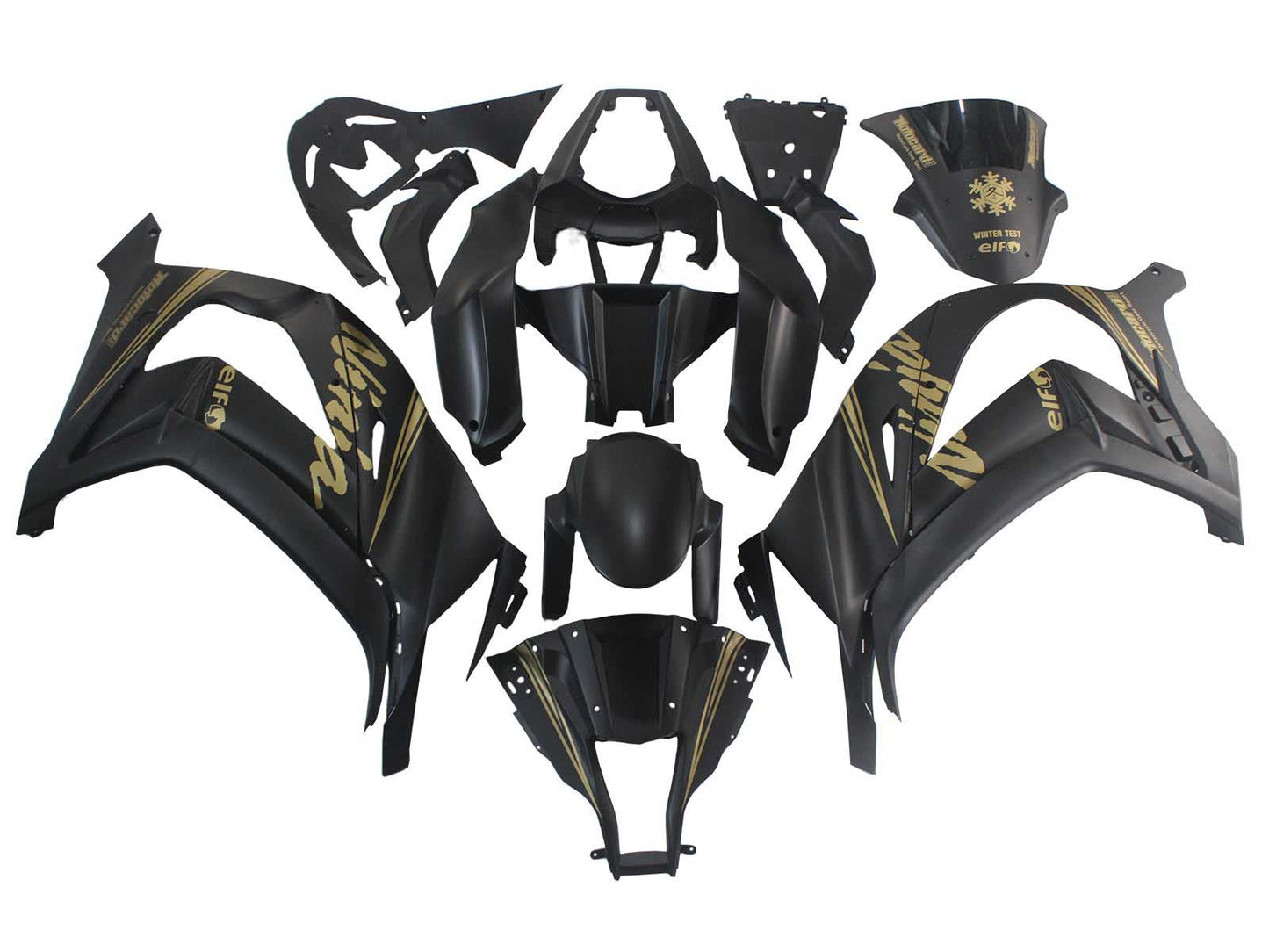 2011-2015 Matte Black With Gold Snow Decal Elf Ninja Kawasaki ZX10R Fairing Kit