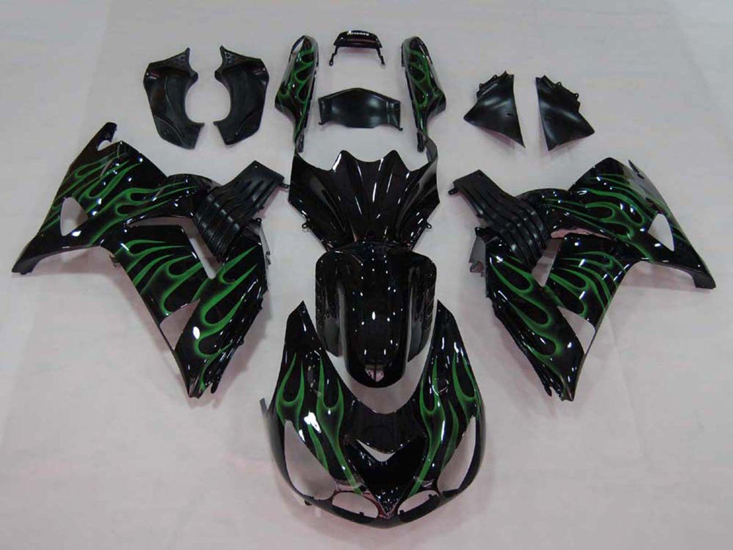 2006-2011 Black With Green Flame Kawasaki Ninja ZX14R ZZR1400 Fairing Kit