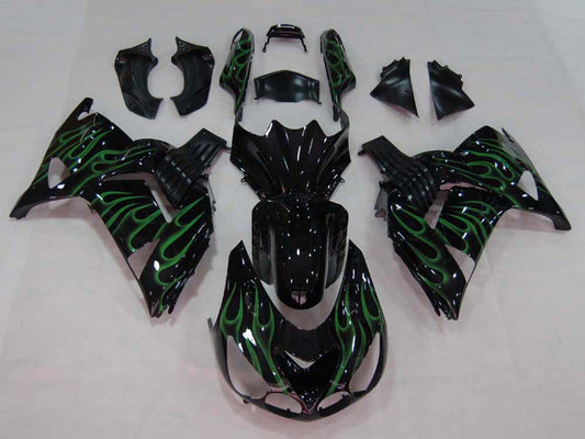2006-2011 Black With Green Flame Kawasaki Ninja ZX14R ZZR1400 Fairing Kit