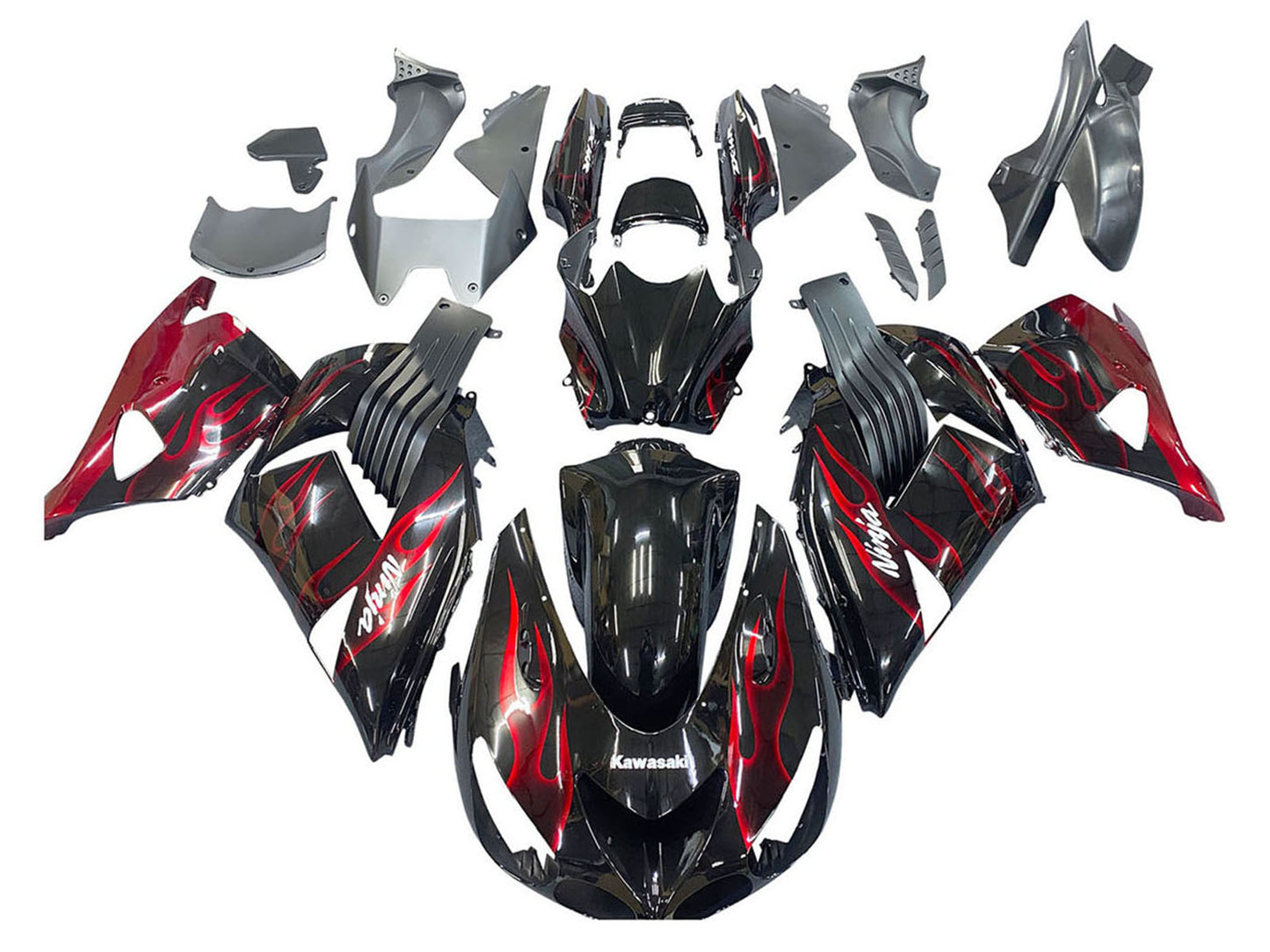 2006-2011 Black With Red Flame Kawasaki Ninja ZX14R ZZR1400 Fairing Kit