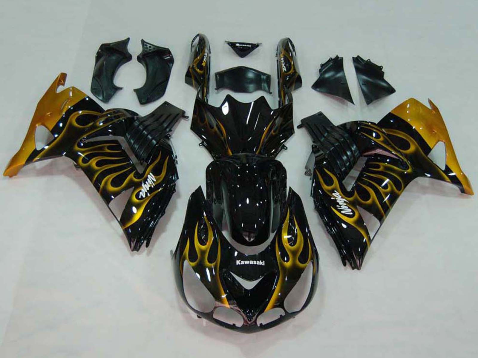 2006-2011 Black With Gold Flame Kawasaki Ninja ZX14R ZZR1400 Fairing Kit