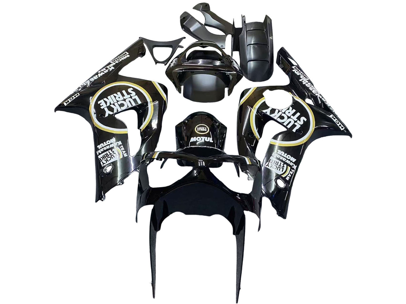 2003-2004 Glossy Black White Motul Lucky Strike Kawasaki ZX6R 636 Fairing Kit