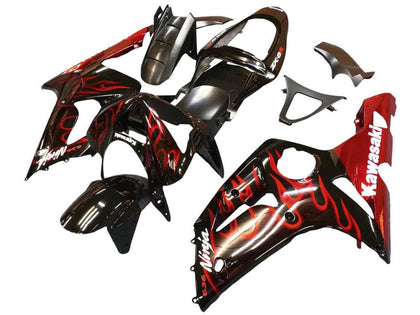 2003-2004 Kawasaki ZX-6R Black with Red Flame Fairing Kit