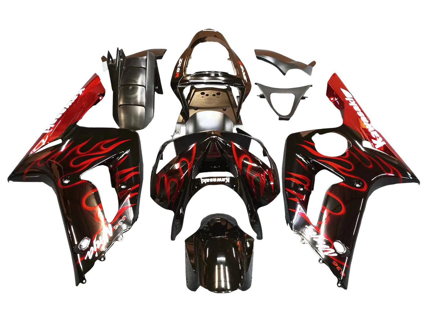 2003-2004 Black With Red Flame Ninja Kawasaki ZX6R Fairing Kit