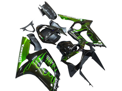 2003-2004 Kawasaki ZX-6R Black Green Flame Fairing Kit