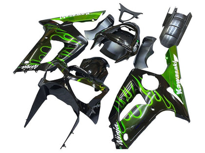 2003-2004 Kawasaki ZX-6R Black Green Flame Fairing Kit
