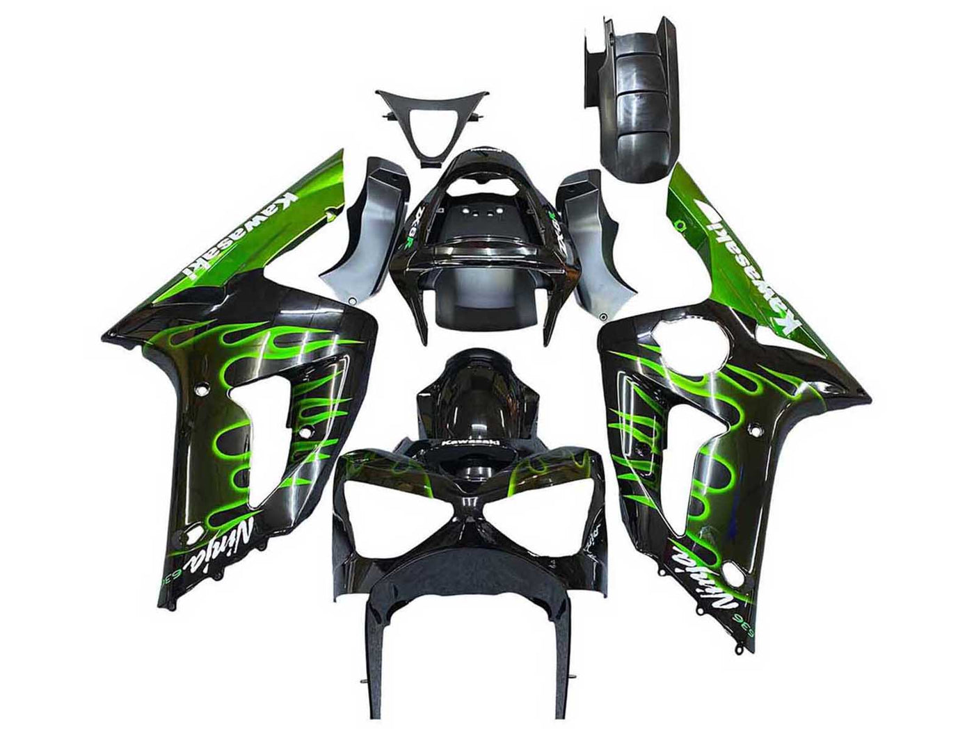 2003-2004 Black Green Flame Ninja Kawasaki ZX6R Fairing Kit