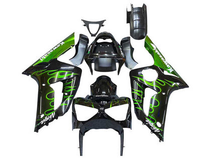 2003-2004 Kawasaki ZX-6R Black Green Flame Fairing Kit