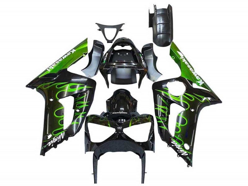 Purchase 2003-2004 Glossy Black Green Flame Kawasaki ZX6R Motorcycle Fairings UK