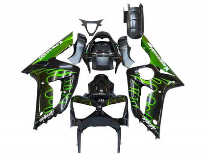 2003-2004 Kawasaki ZX-6R Black Green Flame Fairing Kit